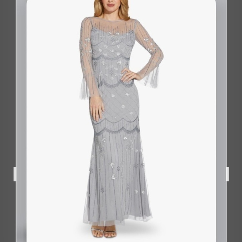 Adrianna Papell Bell Sleeve Illusion Beaded Mesh Covered Gown in Silver Mist 16 - Picture 3 of 7